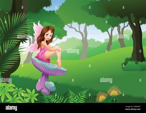 Cartoon Cute Fairy Sitting On Mushroom In The Tropical Forest