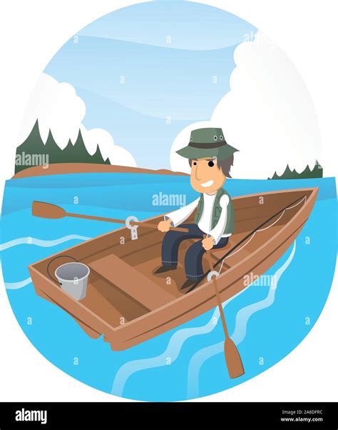 Vector Cartoon Illustration Of A Happy Man Gone Fishing On A Lake Stock
