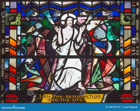 london great britain september 16 2017 the scene of resurrection the stained glass in
