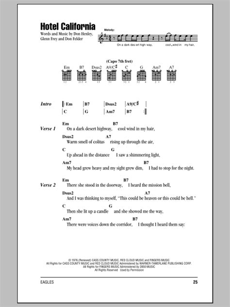 Maybe you would like to learn more about one of these? Hotel California by Eagles - Guitar Chords/Lyrics - Guitar ...