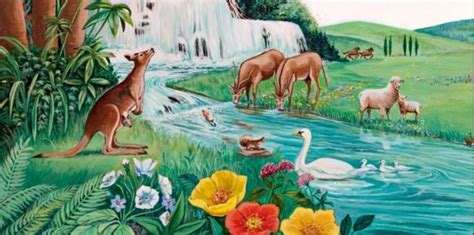 A Painting Of Animals And Birds Near A Waterfall