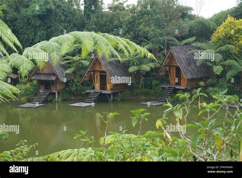 Bandung, Indonesia - February, 2023 : Panorama of a lake surrounded by