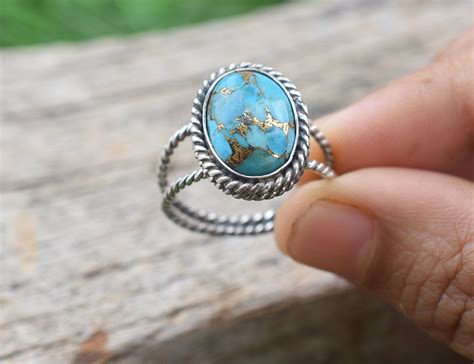 Blue Copper Turquoise Ring Sterling Silver Ring Boho Etsy In