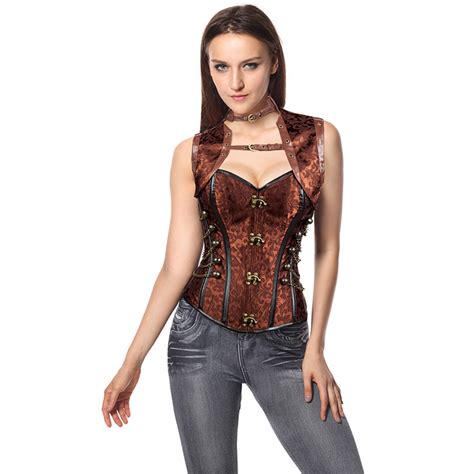 Steampunk Sexy Brown Jacquard Steel Boned High Neck Corset With Jacket