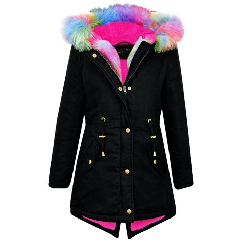 Kids Hooded Jacket Girls Rainbow Fur Parka School Jackets Outwear Coat
