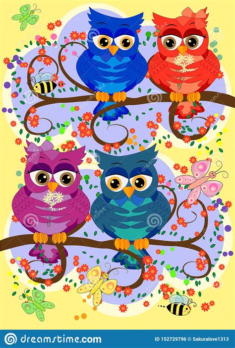Three Cute Colorful Cartoon Owls Sitting On Tree Branch