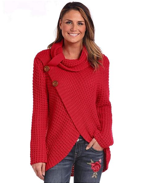 Panhandle Panhandle Womens Waffle Knit Crossover Cowl Neck Sweater Red Small