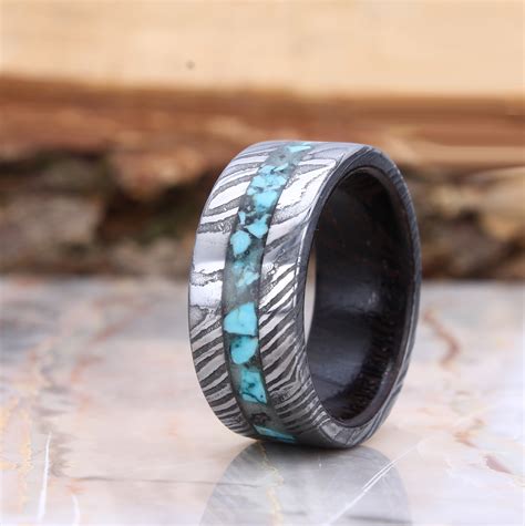 Ebano Wood Mens Wedding Ring Twist Damascus Steel Wood Ring With