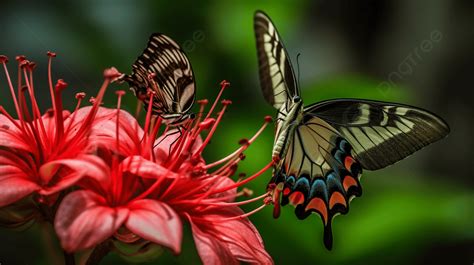 Two Butterflies Sitting On A Red Flower Background Cluster Amaryllis