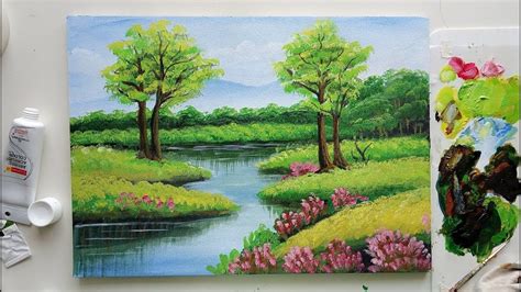 Trees In A Beautiful Landscape Easy Landscape Painting Acrylic Painting Youtube Easy