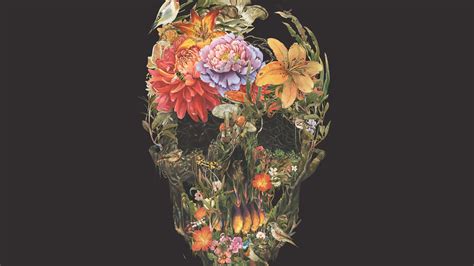 Wallpaper For Desktop Laptop Bf04 Skull Flower Dark Painting Art