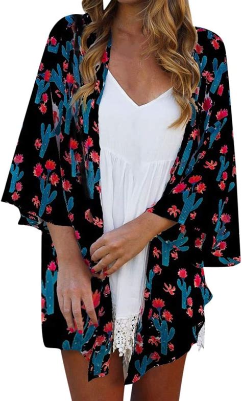 Giokp Blusa Tipo Kimono Para Mujer Con Estampado Floral Mangas