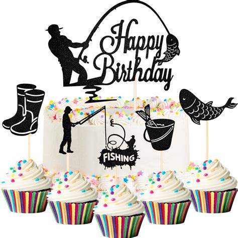 Buy 41 Pieces Gone Fishing Cupcake Topper Happy Birthday Cake Topper