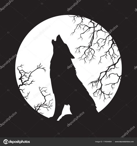 Silhouette Of Wolf Howling At The Full Moon Vector