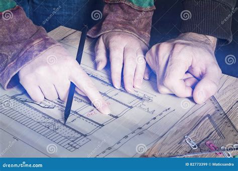 Hands Of Engineer Working On Architectural Project Stock Image Image