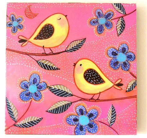 Love Birds Art Block Whimsical Folk Art Painting Print Of My Original