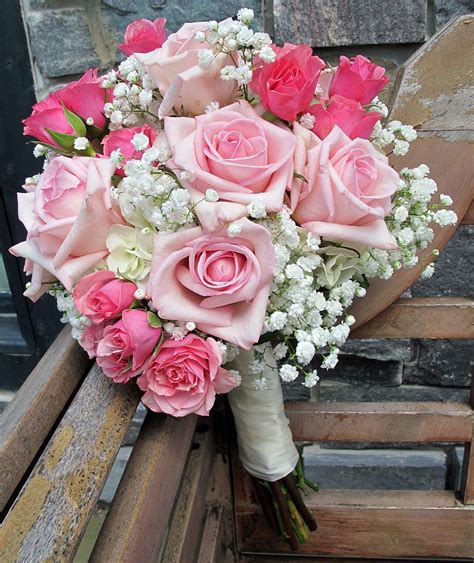 Pink Roses With Babys Breath Bridal Bouquet