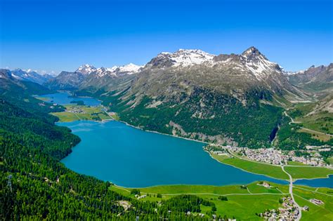 Sils And Silvaplana Lakes Seen From Above Upper Engadine Valley Stock