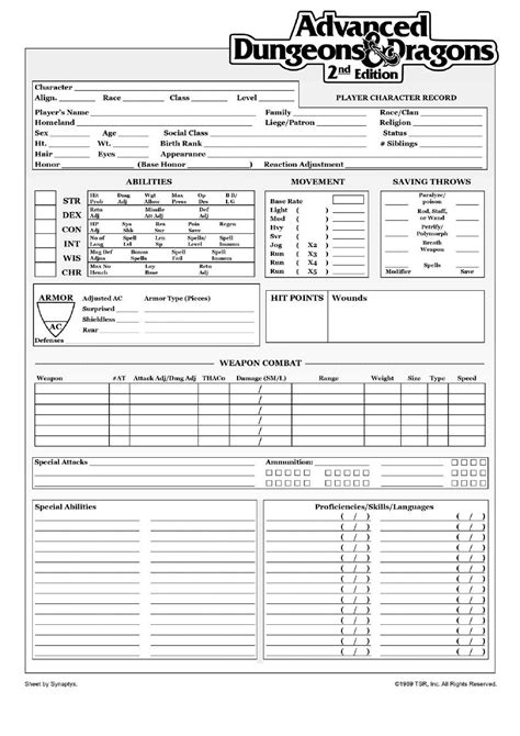 Adandd 2nd Edition Character Sheet By Synaptyx Ficha Rpg Ficha De