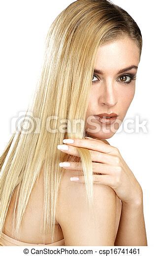 Beautiful Model Showing Her Perfect Blonde Straight Hair On White
