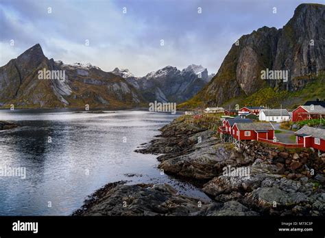 Traditional Norwegian Fishing Village Rorbuer With Lilandstinden