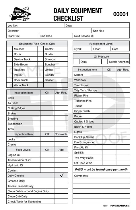 Daily Equipment Checklist Template Excel