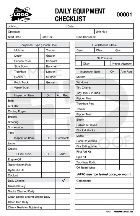 Daily Equipment Checklist Vec3 Customizable Template Forms Direct