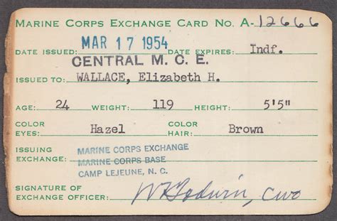 Marine Corps Exchange Camp Lejeune Wifes Id Card 1954