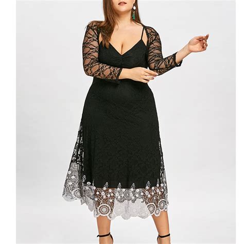 Fashion Plus Size Sex Black Lace Fat Women Long Sleeve Dress Plus Size