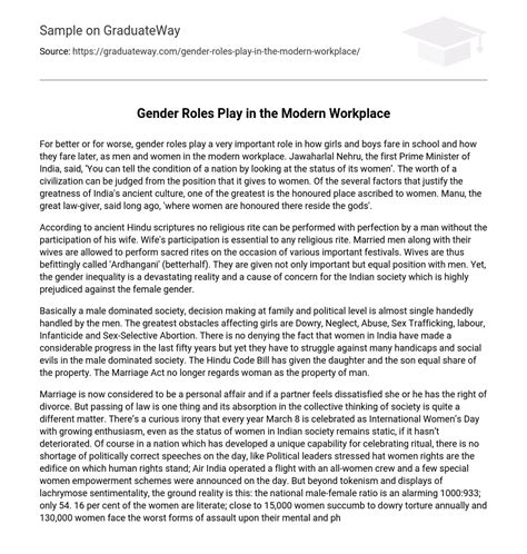 ⇉gender Roles Play In The Modern Workplace Essay Example Graduateway