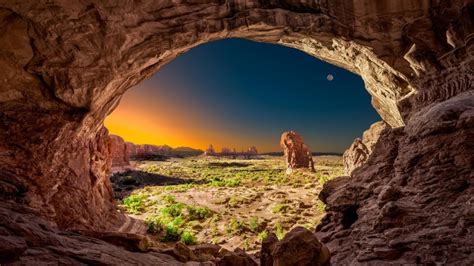Arches National Park Formation Natural Arch Sky Night 4k