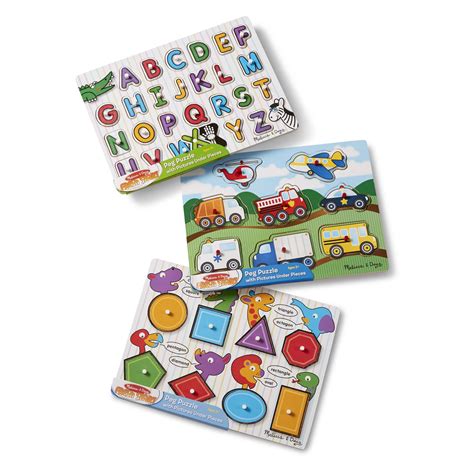 Melissa And Doug Wooden Peg Puzzles Set Alphabet Numbers And Vehicles