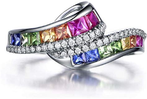 Rainbow Ring For Women Colorful Ring Rainbow Baguette Band Ring
