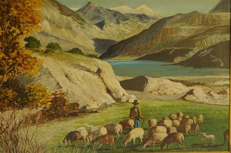 Swiss Alps Mountain Painting With Shepherd And Sheep Switzerland