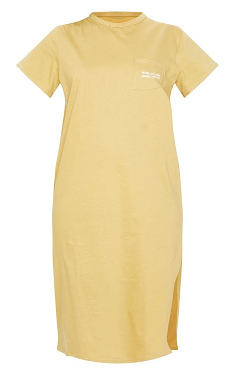 Plt Khaki Embroided Pocket Midi T Shirt Dress Prettylittlething Aus