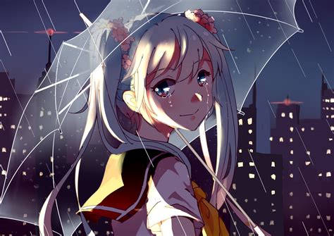 Anime Girls Tears Rain Umbrella Twintails School Uniform Hair Ornament