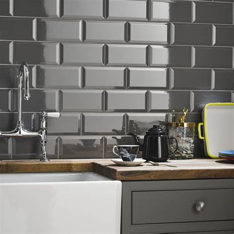 Mosaic brick tiles are just so very versatile, and come in a variety of different shapes, sizes, colours, and textures. British Ceramic Tile Metro Dark Grey Bevel Gloss Wall ...