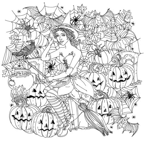 Halloween Sorciere Avec Citrouilles Halloween Coloriages Difficiles