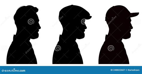 Three Profile Silhouettes Of Handsome Bearded Men Wearing Flat Cap And