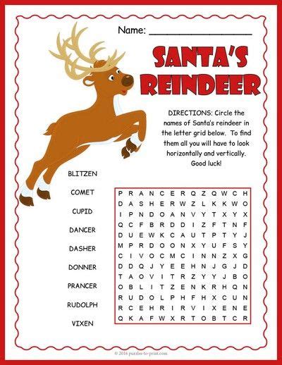 Santas Reindeer Word Search Puzzle Worksheet Activity Santa And