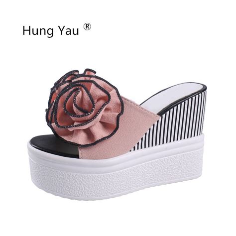 Hung Yau Shoes For Women Sandals Summer Muffin Platform Striped Flower Sandals Women Sandal 115