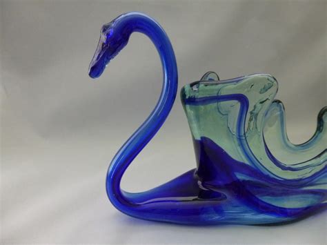 Vintage Hand Blown Cobalt Blue And Clear Sooner Glass Swan Candy Dish Artificial Flower Basket