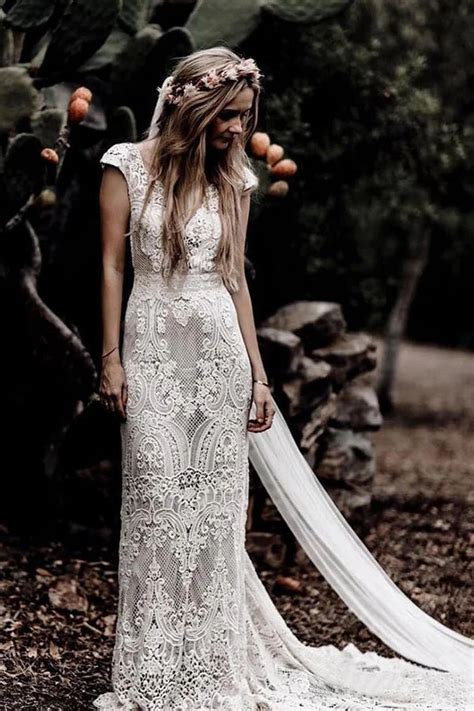 Gorgeous Sheath Boho Cap Sleeve Vintage Lace Rustic Wedding Dress With