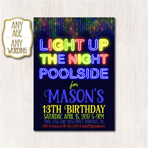 Pool Party Invitation Neon Birthday Party 13th Boy Birthday