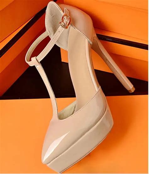 2017 new fashion t strap high heel shoes nude patent leather woman pumps sexy pointed toe