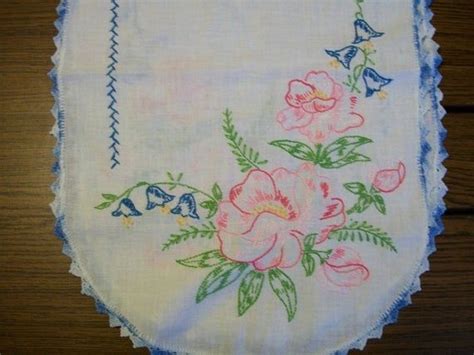 Vintage Embroidered Table Runner Pink Roses Embroidered Table Runner
