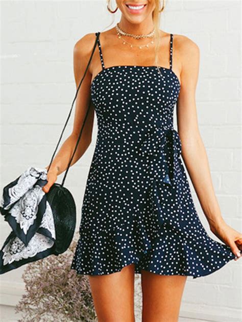 navy blue polka dot print ruffle hem cami mini dress choies camisoutfitideas mini cami