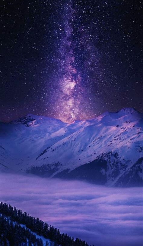 Purple Night Sky Snowy Mountain Amethyst Aesthetic Pretty Beautiful Sky
