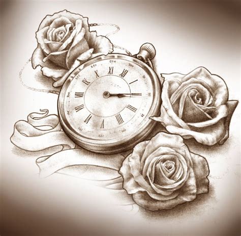 Three Roses And Clock Tattoo Design