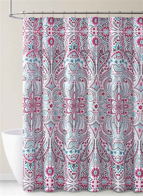 Fabric Shower Curtain For Bathroom Teal Magenta And Taupe Floral Design